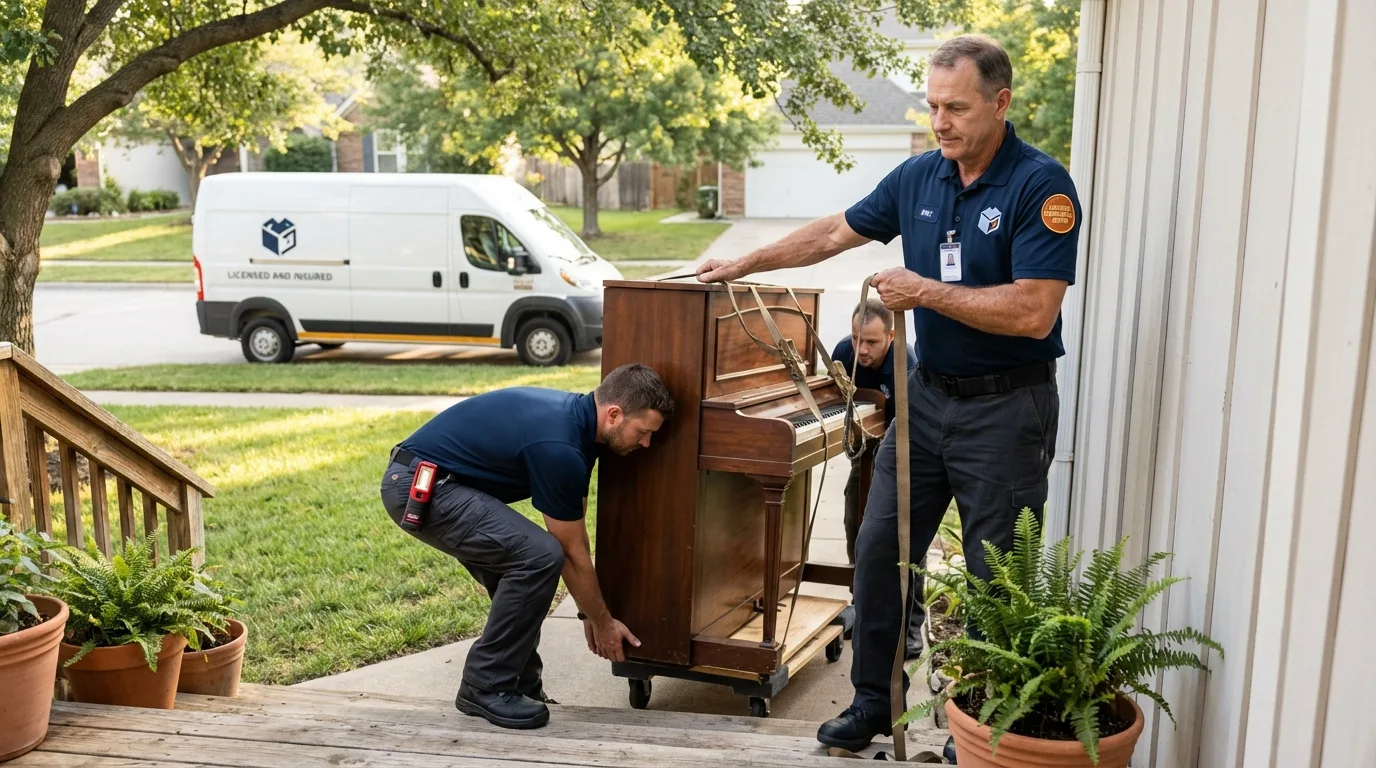 Licensed piano movers securing grand piano in Madison Heights, VA